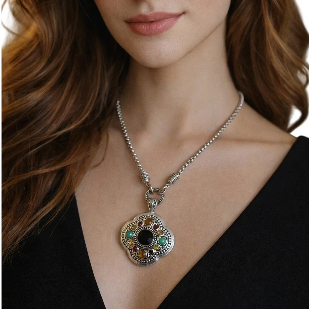 Silver MultiColor Stone Quatrefoil Pendant Statement Necklace Boho Popcorn Chain